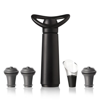 VACU VIN Weinpumpe Concerto schwarz (1 Pumpe, 3 Stopfen, 1 Weinausgieer)